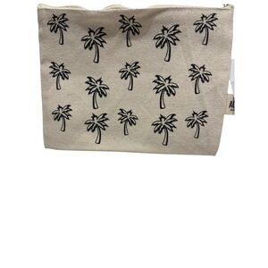 AOA Studio Canvas Makeup Bag Palm Tree Print Beige Black Zipper Pouch BOHO NEW